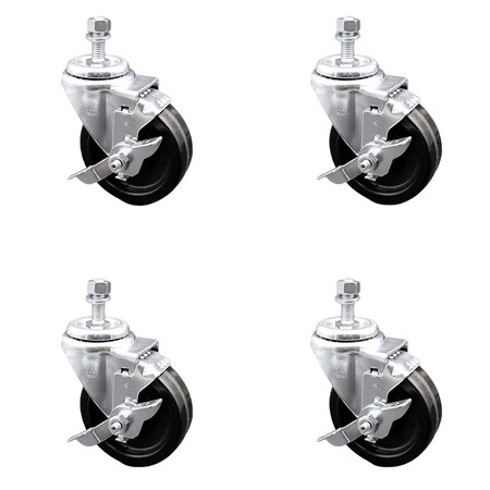 Service Caster 4 Inch SS Phenolic Wheel Swivel 12mm Threaded Stem Caster Set Brake SCC SCC-SSTS20S414-PHS-TLB-M1215-4